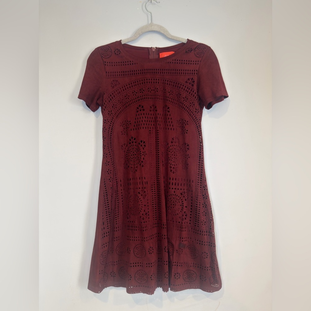 Chelsea & Violet Burgundy Laser-Cut Short Sleeve Mini Dress